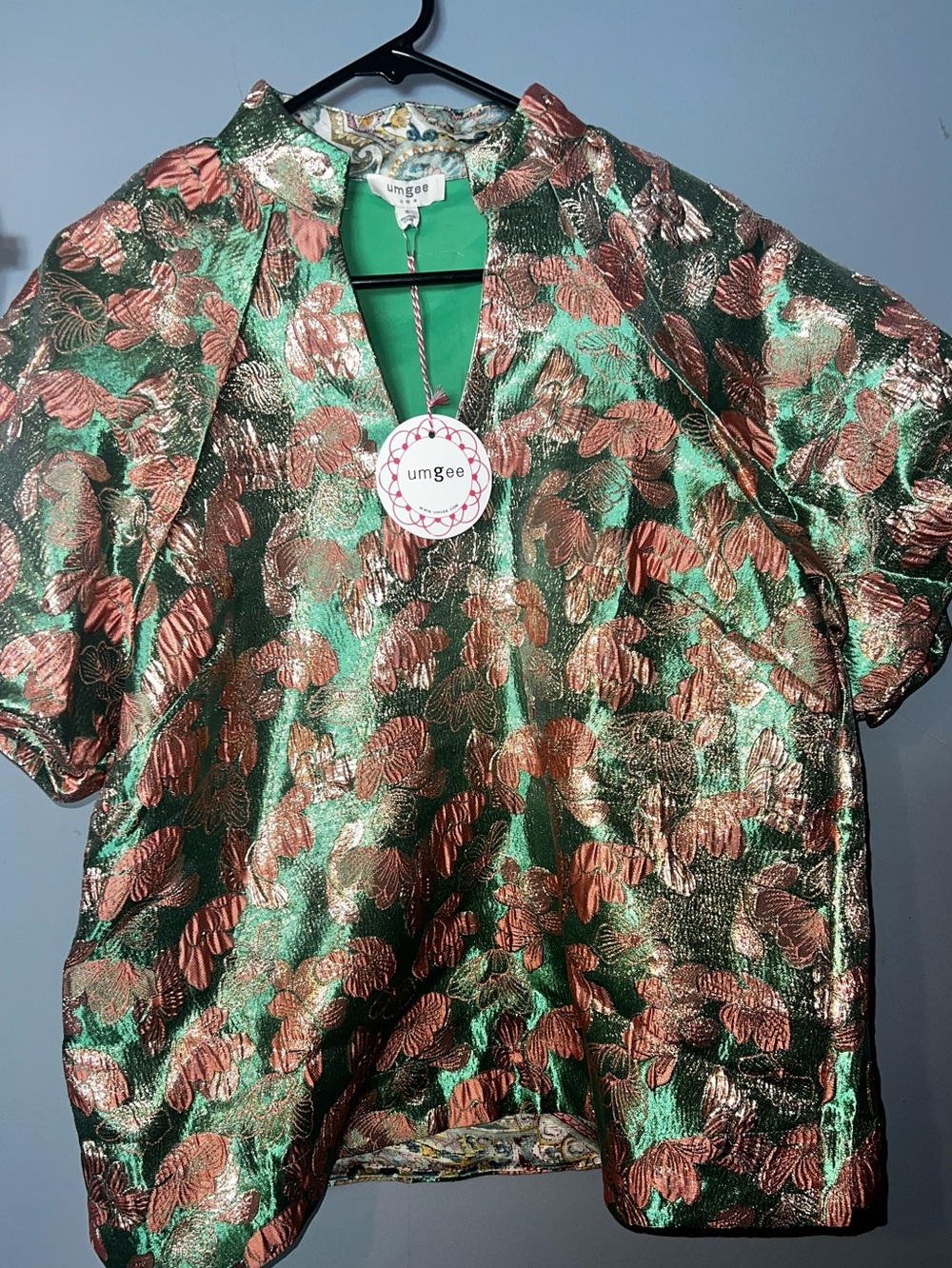 Umgee Green and Copper Floral Metallic Green & Coral Top